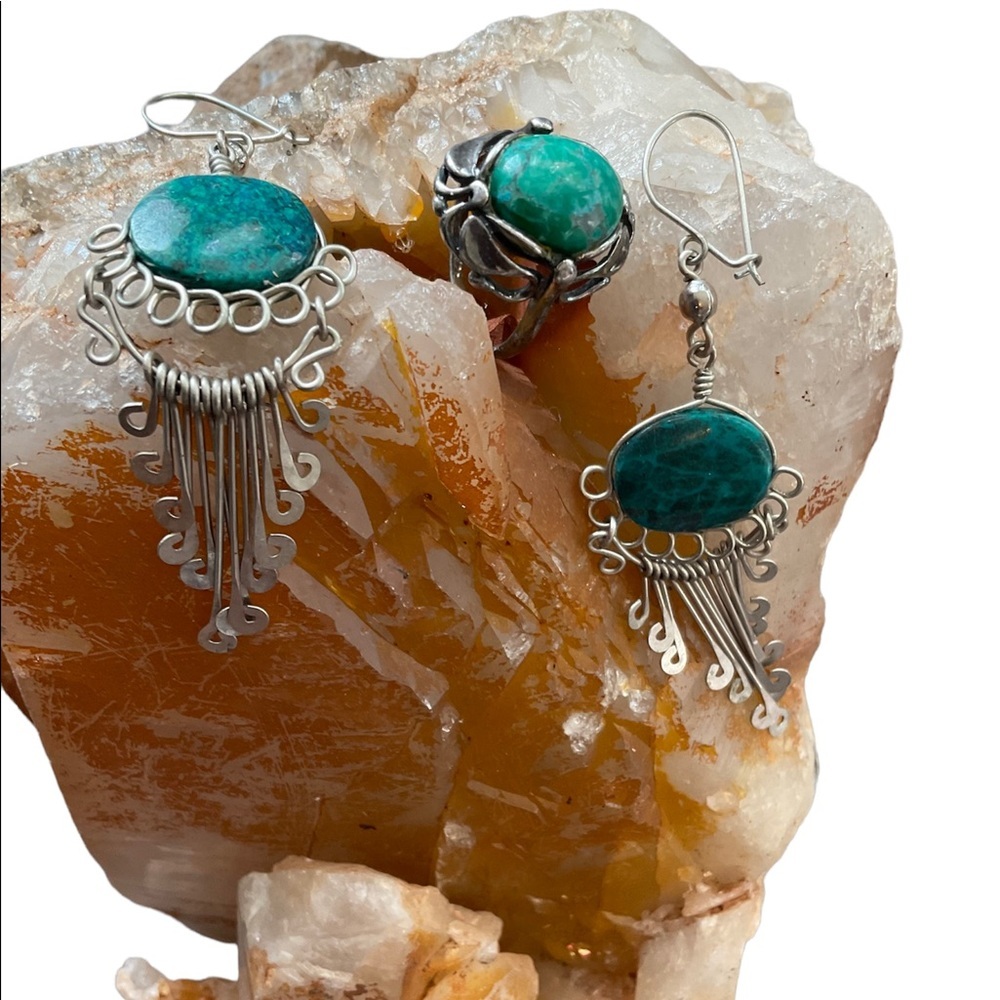 Sterling Silver Turquoise Ring. Intricate  Earring Set.
